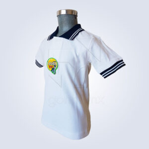 Playera Lobito Escolar Blanca Cuello Azul Marino Líneas Blancas